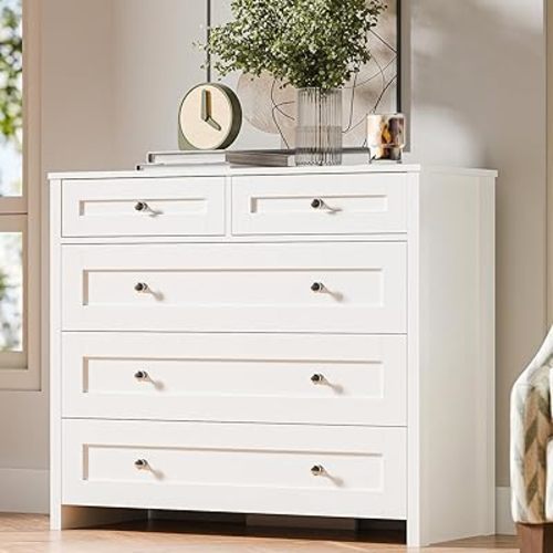 SunsGrove White Chest of Drawers for Bedroom with 5 Drawers, 39.4" Wood Dresser with Metal Handles, Modern Drawer Dresser for Bedroom, Living Room, Porch