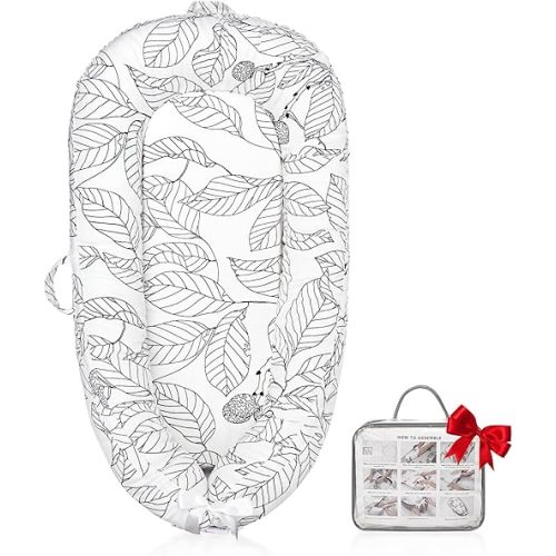 Baby Lounger - Baby Lounger for Newborn, Breathable & Soft Baby Nest Cover Co Sleeper for Baby 0-24 Months, Babies Essentials Gifts, Portable Infant Lounger-White Leaves