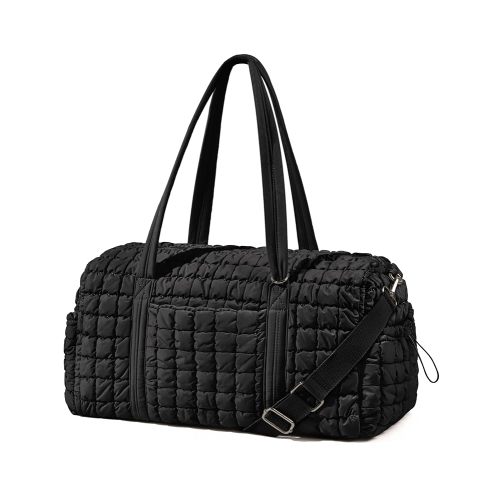 Quilted Travel Duffle Bag for Women Weekender Bag Large Puffer Overnight Bags Soft Puffy Duffel Bag Carry on Gym Bag Lightweight Personal Item Travel Bag for Trips Business Sport Airplane (Black)