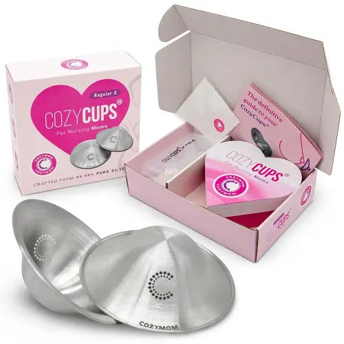 COZYMOM™ Pure Silver Nursing Cups 45mm with Silicone Nipple Corrector – Soothe & Heal Sore Nipples – Breastfeeding Nipple Shield for Moms – Hypoallergenic, Reusable, Gift for Mom-to-Be