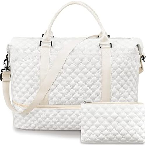 Travel Duffle Bag with Shoes Compartment and Toiletry Pouch Waterproof Weekender Bag for Women Carry on Hospital Overnight Gym Gift, Beige