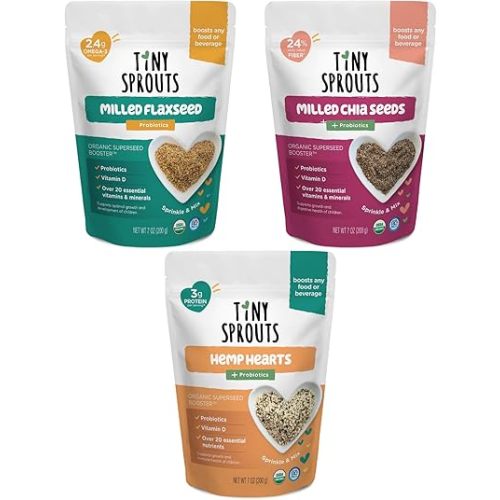Tiny Sprouts Organic Milled Flaxseeds, Chia Seeds & Hemp Hearts + Probiotics + Vitamin D3 | Superfood Nutrition Booster Trio for Brain, Gut & Body Health for Picky Kids | Omega-3, Protein, Fiber, Iron, Calcium, Zinc | Gluten-Free, Plant-Based Superseed Bl