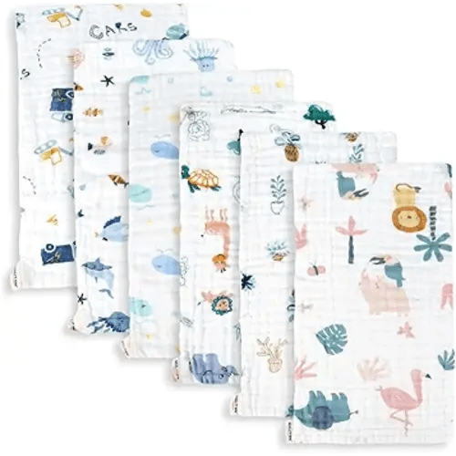 Maliton Muslin Baby Burp Cloths 6 Pack Large 20''x10'' 100% Cotton Burp Rags Absorbent and Soft 6 Layers Muslin Cloth Baby Essentials for Newborn(Animals and Cars, Pack of 6)