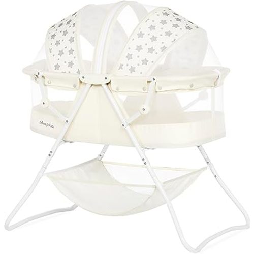 Dream On Me Karley Bassinet in French White, Lightweight Portable Baby Bassinet, Quick Fold and Easy to Carry , Adjustable Double Canopy, Indoor and Outdoor Bassinet with Large Storage Basket.