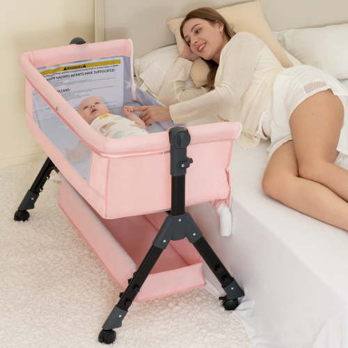 kmaier Baby Bassinet Sleeper, Adjustable Bedside Sleeper, Breathable Mesh with Wheels for 0-18 Months-Pink