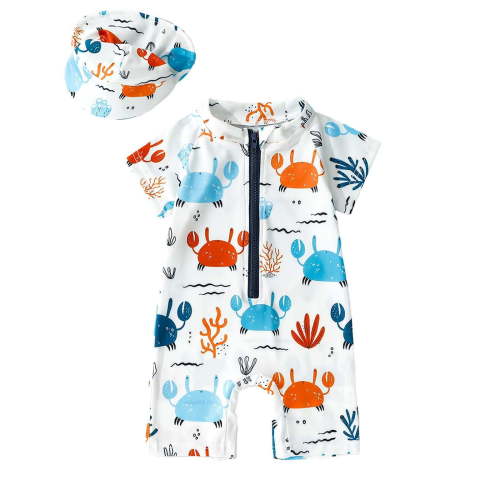 Newborn Baby Boys One Piece Swimsuit Zipper Bathing Suit Hat Swimwear Size 9-12 Months