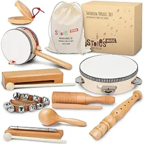 Stoie's Wooden Kids Musical Instruments for 1-9 Years Old, with Drum, Hand Bells, Flute, Maracas, Castanet, Tamburine, for Babies and Toddlers, Durable, Safe, Montessori Educational Toy, Storage Bag