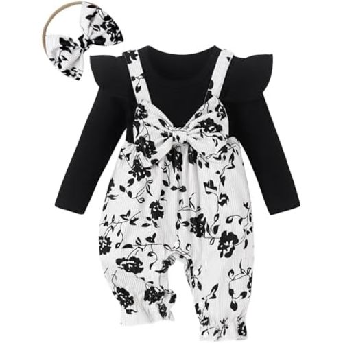 Newborn Infant Baby Girl Clothes Outfits Ruffle Romper with Headband Longsleeve Jumpsuit Coming Home Outfit
