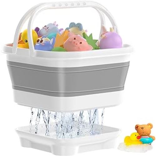 Foldable-Bath-Toy-Storage-Organizer - Bath Toy Holder with Removable Base, Quick-Drain-Drying Bathtub Toy Storage, Basket Bathroom Shower Toys Holder for Kids (Gray)