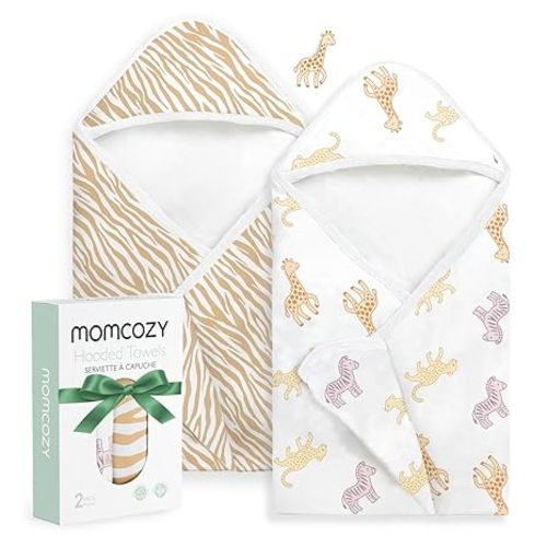 Momcozy Baby Hooded Towel-Made from Cotton, Suitable for Newborn Shower Gifts, 2 Count (Pack of 1), 28 X 28 Inch, Ink Wash Leaves