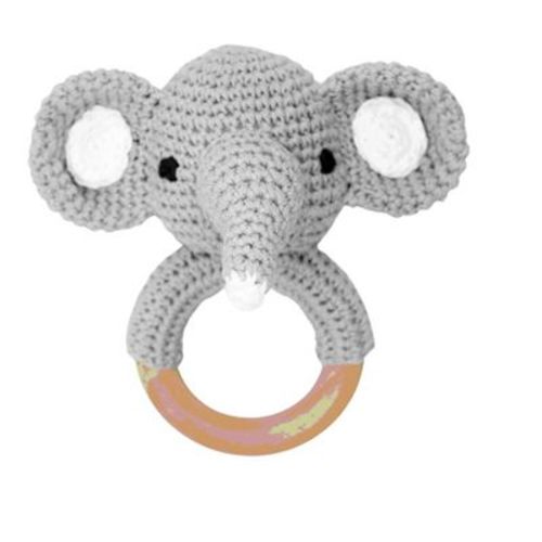 embe Animal Wooden Rattle, Grey Elephant