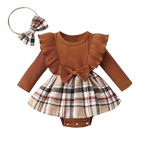 Madjtlqy Toddler Baby Girl Fall Winter Outfit Set Plaid Romper Dress Ruffles Long Sleeve Clothes Jumpsuit with Bow Headband