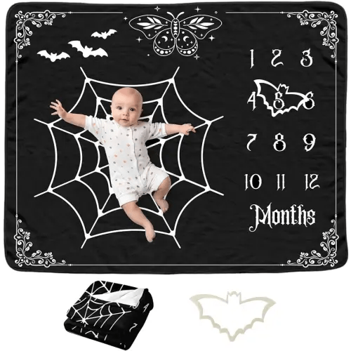 Gothic Baby Monthly Blanket for Boys, Goth Newborn Month Blanket, Soft Flannel Photography Background Prop Blanket, Moth Bat Halloween Personalized Shower Gift, Gothic