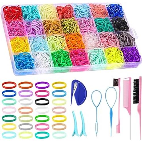 28 Colors Rubber Bands with 8 Hair Styling Tools, 1500 Pcs Colorful Elastic Ties Small Rubber Bands Baby Toddler Ties for Girls Hair Accessories Christmas Gifts
