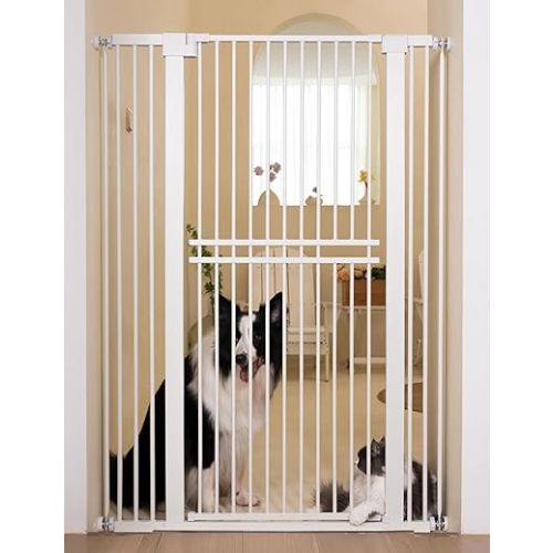 No Pawblems 55" Extra Tall Pet Gate for Cat/Dog, 29-40" Wide Auto Close Tall Dog Gate, 1.37" Ultra Narrow Spacing, No Drilling Pressure Mounted for Doorways/Hallways, White