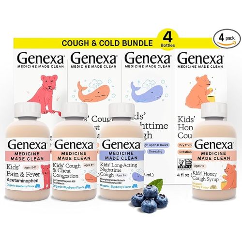 Genexa Kids' Clean Cough Medicine & Honey Cough Syrup, Pain & Fever Reducer Value 4-Pack, Dye Free, 0% Artificial Additives, Cough Care for Children, Fever & Pain Reliever, 16 fl oz (4 Bottles)