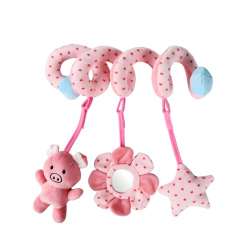 Ymeibe Baby Car Seat Toys, Infant Activity Spiral Plush Toys Hanging Stroller Toys for Baby Girl and Boy with Musical Sheep Rattles with Distorting Mirror (Pink Pig)