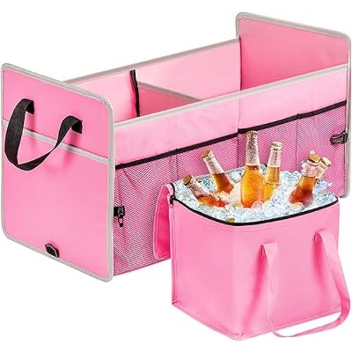 Car Trunk Organizer with Individual Cooler Bag - 2 Compartment Collapsible Car Storage for SUV (Pink)