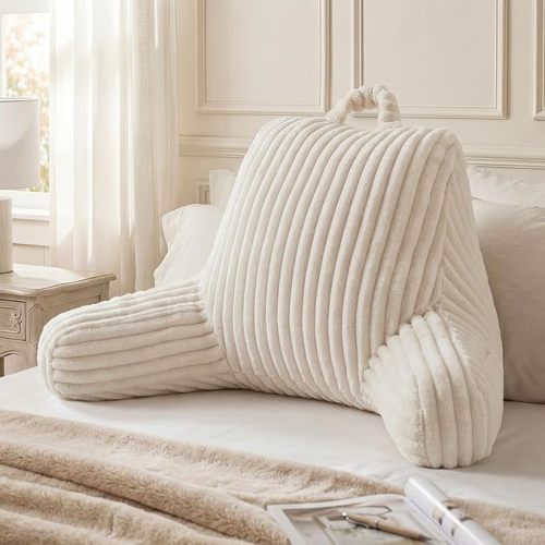 Blissful Diary Reading Pillow for Sitting in Bed, Large Flannel Back Pillow Bed Sitting Up for Adult & Children, Backrest Cushion for Sit Up in Couch or Floor, Dorm Essentials, Cream White