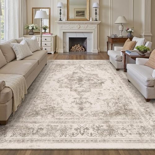 Area Rug Taupe Vintage Boho Medallion Large Distressed Retro Carpet Non Slip Indoor Low Pile Small Soft Bedroom Dining Room Home Office
