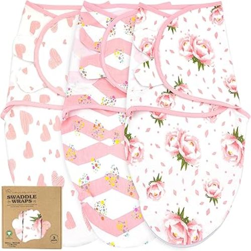 Swaddles for Newborns – 3-Pack Infant Swaddles 3-6 Months – Adjustable Swaddle Sleep Sack – Soft Organic Cotton Baby Wrap for Safe & Cozy Sleep (Hearts-Flowers)