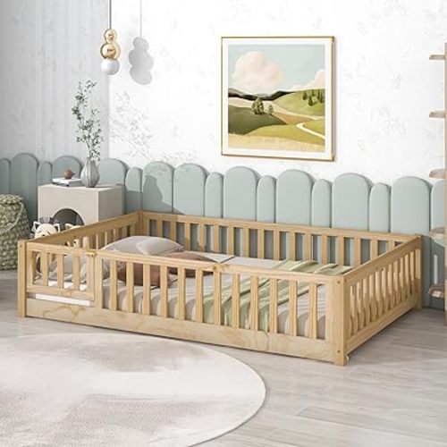 Full Size Montessori Floor Bed with Convertible Door & Wood Slats Support for Girls & Boys,Wood Montessori Bed Frame w/Guardrails & Close to The Floor for Kids,Natural