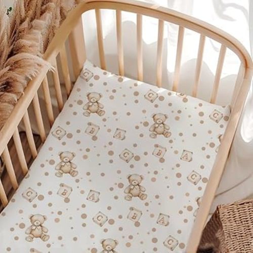 Woodland Animals Bears Crib Sheets, Forest Animals Bears ABC Fitted Crib Sheet for Standard Crib and Stroller Mattress, Unisex Cute Bears Animals Print Mattress Sheet for Baby Boys Girls-28 * 52