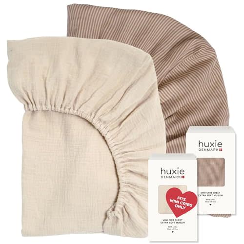Huxie 24 x 38 Mini Crib Sheets - Organic Cotton Muslin Fitted Crib Sheet Fitted for Pack and Play - Ultra-Soft and Breathable Crib Sheets for Boys and Girls (Fog/Stripe)