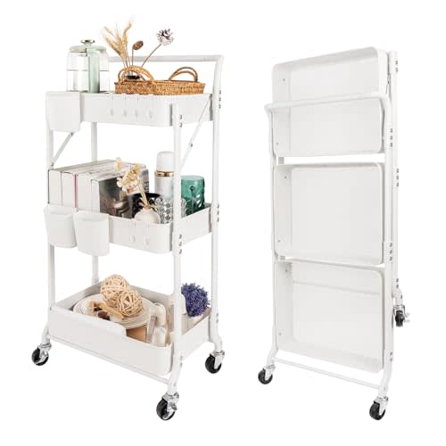 3-Tier Folding Rolling Utility Cart with Wheels, Foldable Storage Cart Organizer with 3 Hanging Cups & 6 Hooks for Kitchen, Office, Living Room, Nursery(White)