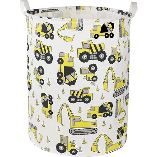 Round Laundry Basket,Kids Dirty Clothes Laundry Hamper for Boys, Toys Construction Storage Basket for Playroom,Gift Baskets,Baby Nursery Hamper, Room Decor(Yellow Excavator)