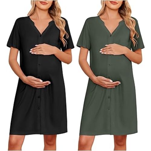 Ekouaer 2 Pack Maternity Nightgown Button Down Nursing Gown 3 in 1 Breastfeeding Sleepwear V Neck Short Sleeve Delivery Dress