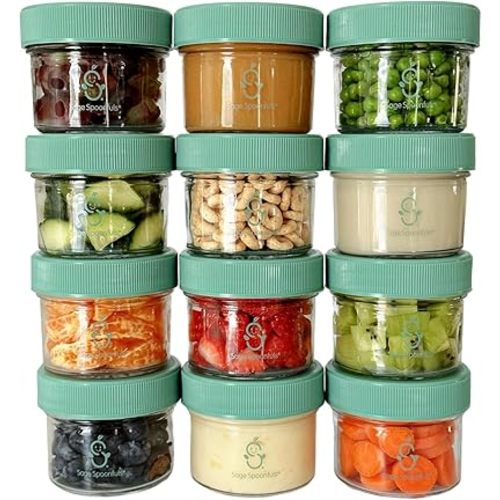 Sage Spoonfuls -12 Pack, 4 oz Baby Food Jars, Glass Baby Food Containers with Lids - Freezer Storage, Leakproof, Reusable Small Glass Baby Food Containers, Microwave & Dishwasher Friendly