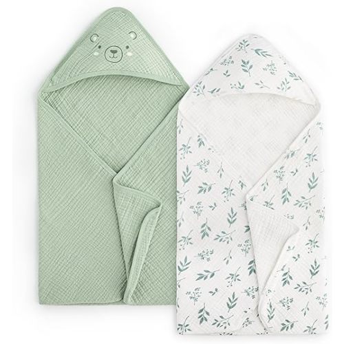 PHF 100% Muslin Cotton Baby Hooded Towels, 2 Pack Bath Towel with Hood for Newborn, Infant, Toddler, Ultra Soft and Absorbent Baby Bath Essentials, Shower Gifts for Boys Girls, 32x32Inch, Leaf