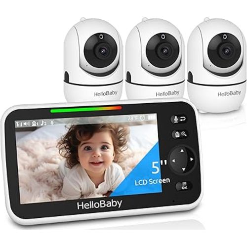 HelloBaby HB6550 5" Baby Monitor 3 Cameras, 26-Hour Battery, Pan-Tilt-Zoom,1000ft Range Video Audio Baby Monitor No WiFi, ECO, Night Vision, 2-Way Talk, 8 Lullabies and Temperature, Ideal Gifts