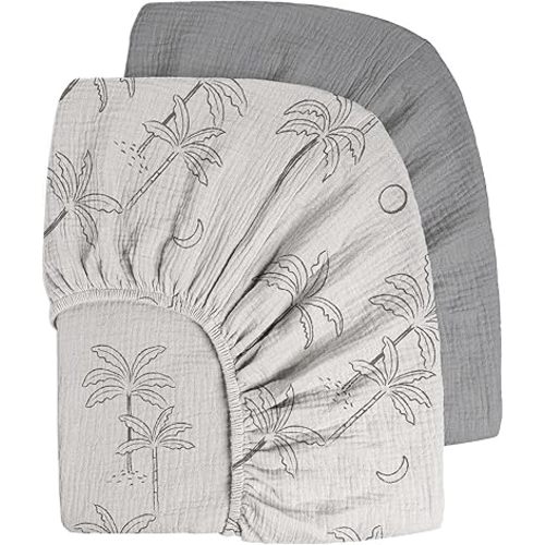 Bearmoss Muslin Crib Sheets 100% Cotton Baby Crib Sheets Fitted for Standard Crib Mattress & Toddler Bed Mattress 52"x28" Soft Breathable Crib Sheets Neutral for Boys Girls - 2 Pack (Coconut Trees)