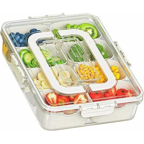 Dimber Snackle Box Container, Divided Serving Tray with Lid and Handle, Adding Cutlery Organizer, 8 Fruit Forks, 2 Spoons, Snackle Box for Sports Events, Candy, Fruits, Snacks,Salad Bar(1-Pack)