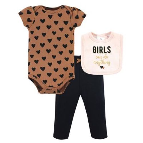 Hudson Baby Infant Girl Cotton Bodysuit, Pant And Bib Set, Cinnamon Hearts, Newborn