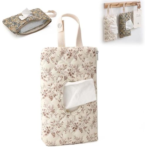 Portable Diaper and Wipes Pouch - Floral Refillable Wet Wipes Case with Lanyard for Home, and Travel (Beige)