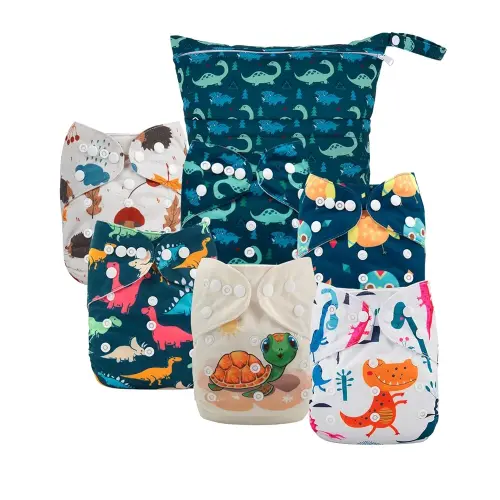 babygoal Cloth Diaper Covers 6 Pack with Wet Bag for Fitted Diapers and Prefolds with Double Gussets, Adjustable and Reusable for Baby Boys 6DCF14-B