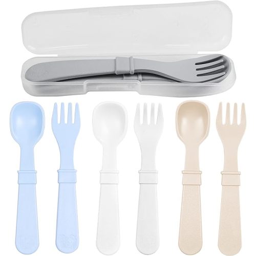 Re-Play Made in USA Toddler Forks and Spoons, Pack of 8 With Carrying Case - 4 Kids Forks with Rounded Tips and 4 Deep Scoop Toddler Spoons - 0.2" Thick Toddler Utensils with Case, Glacier
