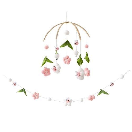 Baby Mobile for Crib, Crib Nursery Mobile for Boys Girls, Boho Bee Flower Nursery Decor Soothe Toy Baby Shower Set for Infant Bedroom Hanging Decoration Toy, Pink