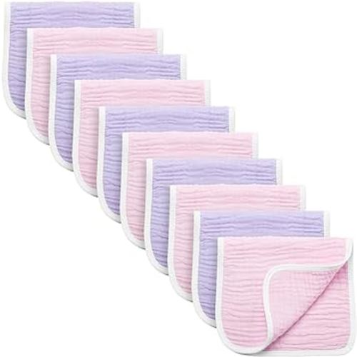 Synrroe Burp Cloths Large, Muslin Burp Cloths for Baby Girls, Pack of 10 Extra Absorbent and Soft Muslin Bibs, 6 Layers 20 by 10 Inches 100% Cotton (Pink-Purple 10 Pack)