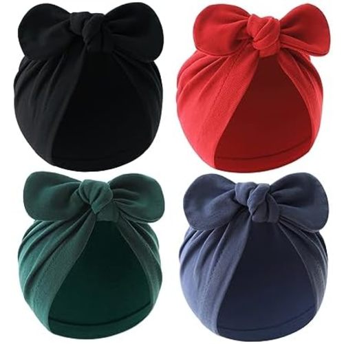 4PCS Newborn Baby Bow Knot Turban Hat Infant Toddler Hospital Hat Cotton Head Wrap Beanie Cap