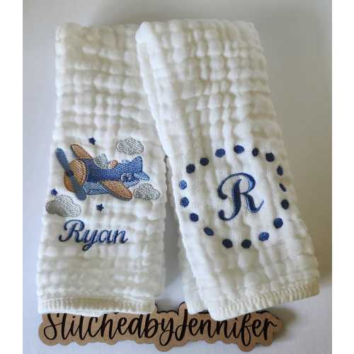 Airplane Personalized Baby Burp Cloths, Monogram, Embroidered, Baby Girl or Boy, Airplane Burp Cloth set, Single or Set of 2