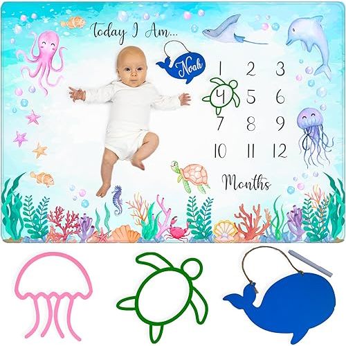 Baby Monthly Milestone Blanket Boy and Girl - Extra Soft Fleece Blanket for Baby Shower - Milestone Blanket Baby Boy and Girl Nursery Decor - Capture Baby Growth - with Whale Chalkboard + 2 Frames