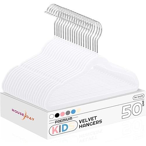 HOUSE DAY 14 Inch Kids Velvet Hangers 50 Pack, Durable Big Kids Hangers for Youth, Non Slip Kids Felt Hangers, Cute Childrens Hangers for Closet, Teen Hangers, White