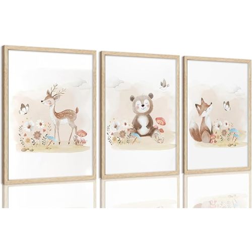 LHHJDIO 3 Piece Nursery Animal Framed Wall Art Woodland Wild Canvas Wall Art Deer Bear Fox Pictures Wall Decor Forest Animal Artwork for Kids Room 16"x20"