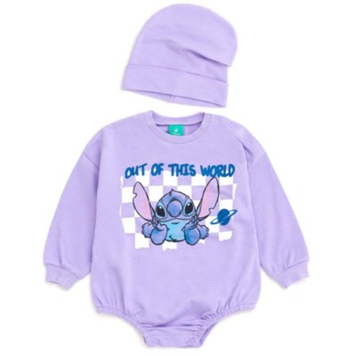 Disney Lilo & Stitch Newborn Baby Boys French Terry Bubble Romper Oversized Bodysuit and Hat Lavender Stitch 3-6 Months