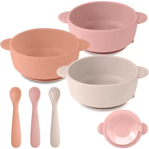 3 Pack Baby Bowls with Suction and 3 Pack Baby Spoons, BPA Free, Silicone Baby Feeding Set for Babies Toddler Kids, Microwave and Dishwasher Safe