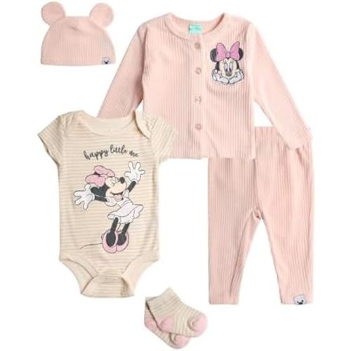 Disney Baby Girls Take Me Home Set - 5 Piece Minnie Mouse Bodysuit, Shirt, Pants, Hat, Socks - Newborn Infant Essential, 0-9M